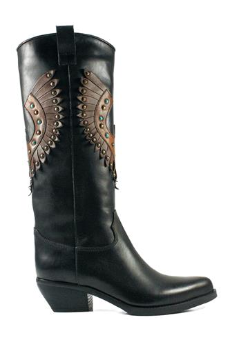 High Texan Black Leather Brown Embroidery Studs